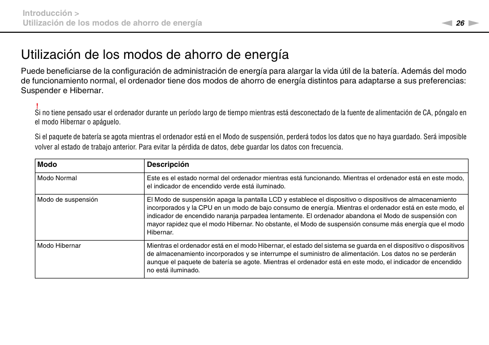 Utilización de los modos de ahorro de energía | Sony VPCS11G7E User Manual | Page 26 / 196