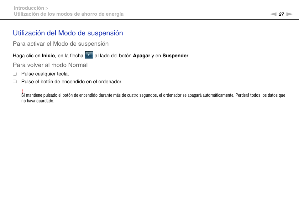 Utilización del modo de suspensión | Sony VPCS11G7E User Manual | Page 27 / 196