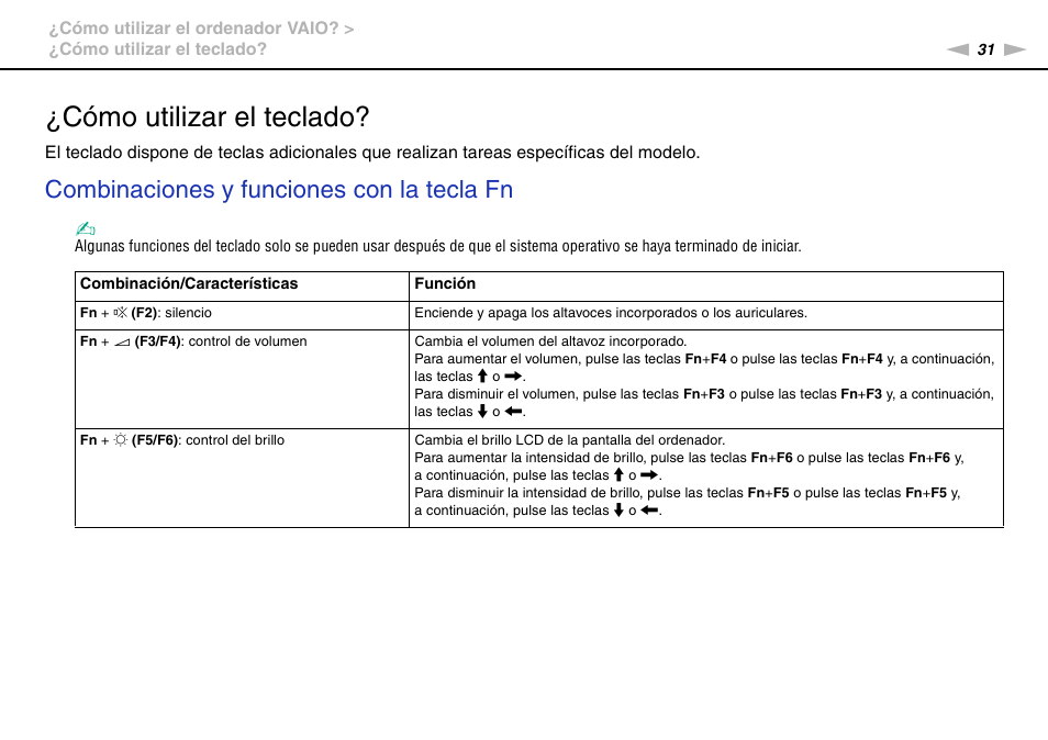 Cómo utilizar el teclado, Combinaciones y funciones con la tecla fn | Sony VPCS11G7E User Manual | Page 31 / 196