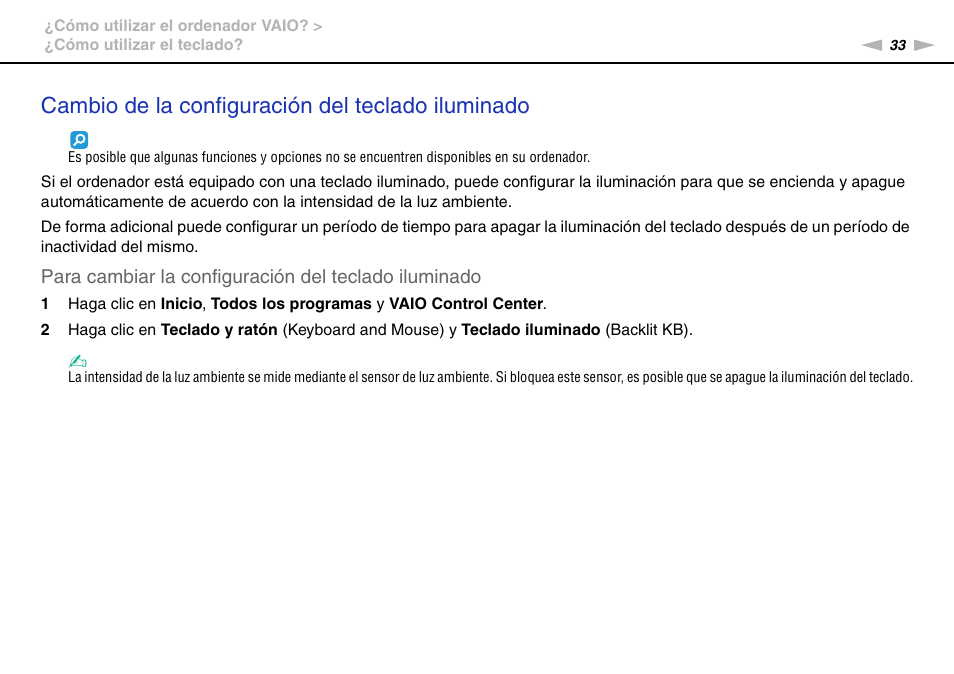 Cambio de la configuración del teclado iluminado | Sony VPCS11G7E User Manual | Page 33 / 196