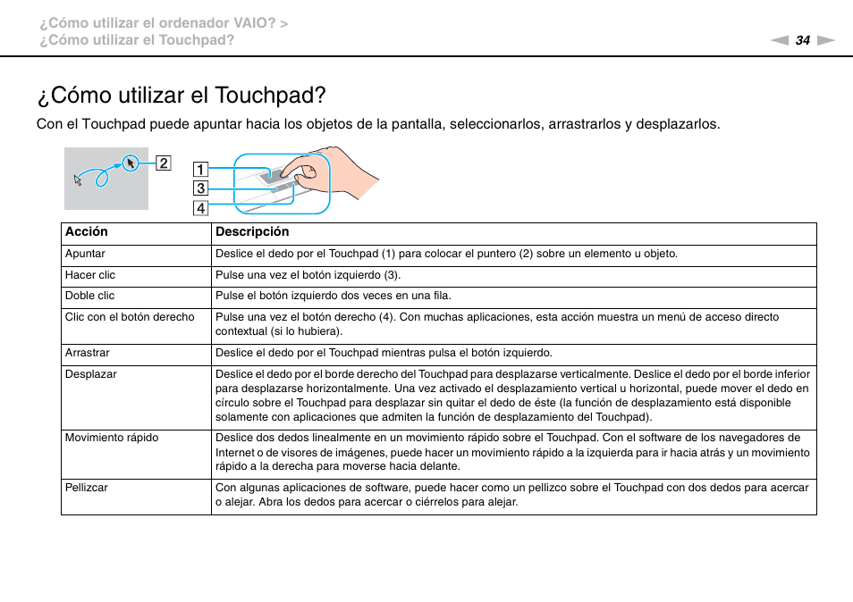 Cómo utilizar el touchpad | Sony VPCS11G7E User Manual | Page 34 / 196