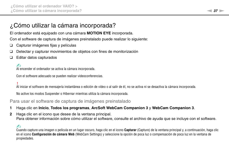 Cómo utilizar la cámara incorporada | Sony VPCS11G7E User Manual | Page 37 / 196