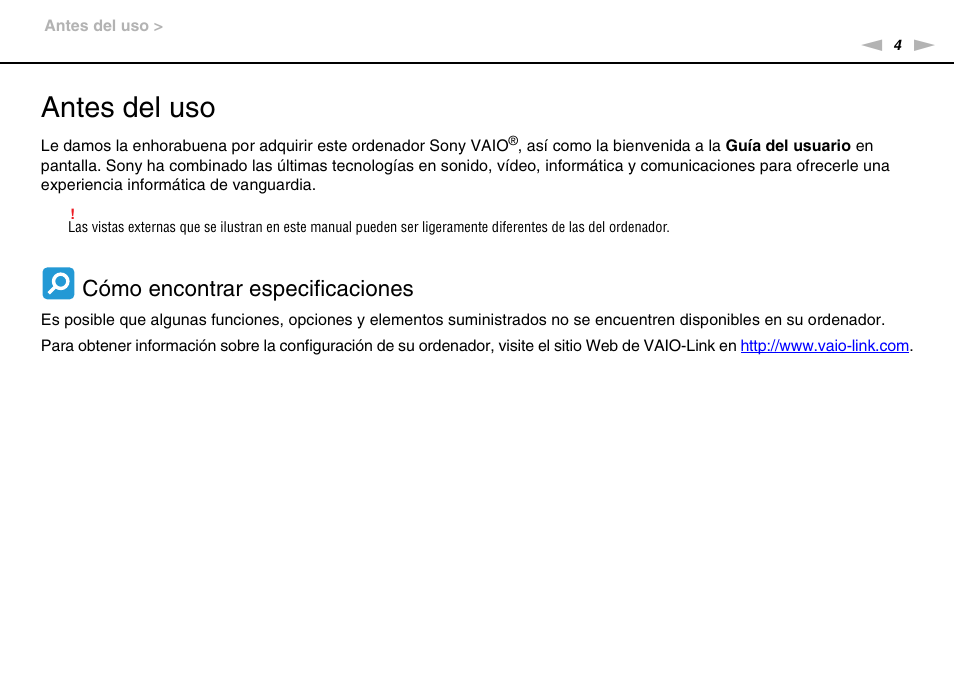 Antes del uso, Cómo encontrar especificaciones | Sony VPCS11G7E User Manual | Page 4 / 196
