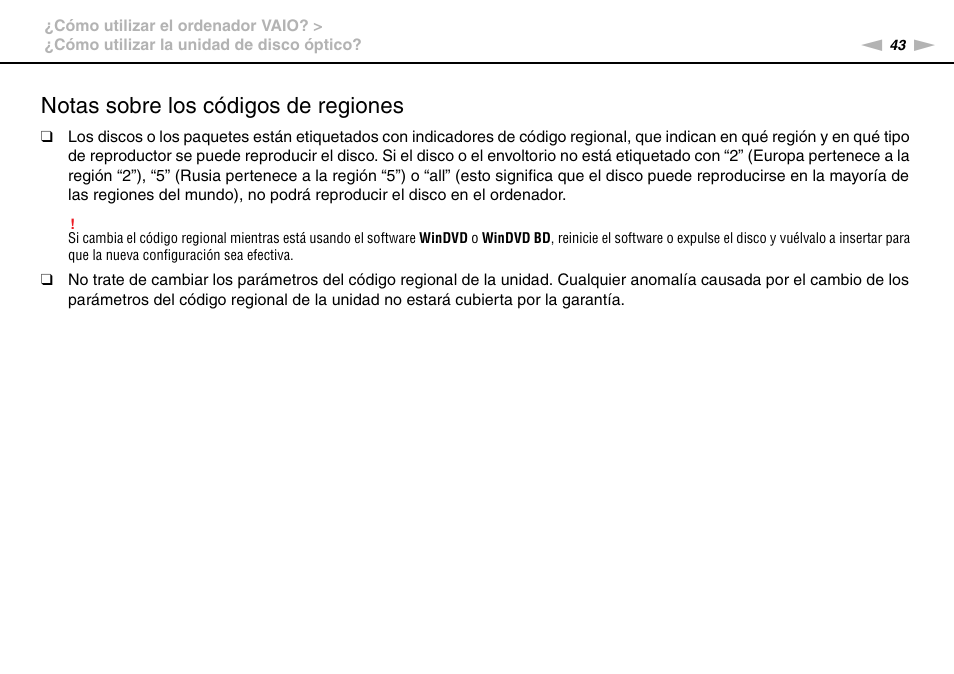 Notas sobre los códigos de regiones | Sony VPCS11G7E User Manual | Page 43 / 196