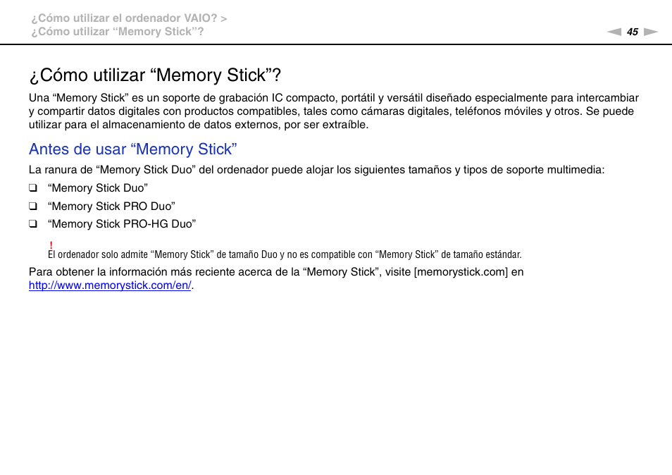 Cómo utilizar “memory stick | Sony VPCS11G7E User Manual | Page 45 / 196