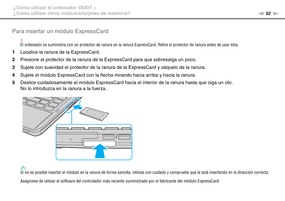 Para insertar un módulo expresscard | Sony VPCS11G7E User Manual | Page 52 / 196