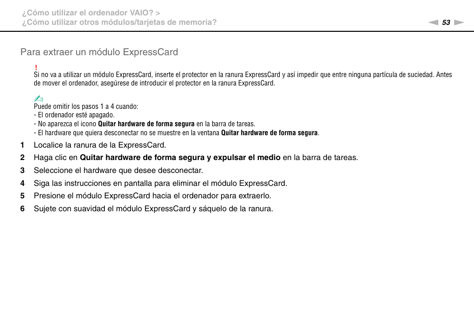 Para extraer un módulo expresscard | Sony VPCS11G7E User Manual | Page 53 / 196