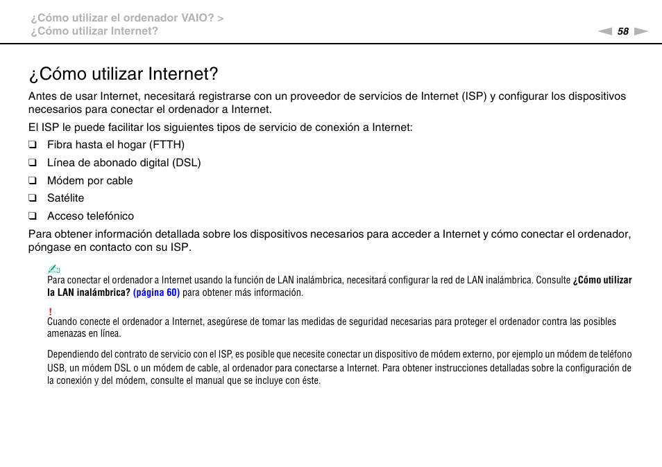 Cómo utilizar internet | Sony VPCS11G7E User Manual | Page 58 / 196