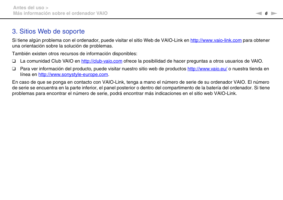 Sitios web de soporte | Sony VPCS11G7E User Manual | Page 6 / 196