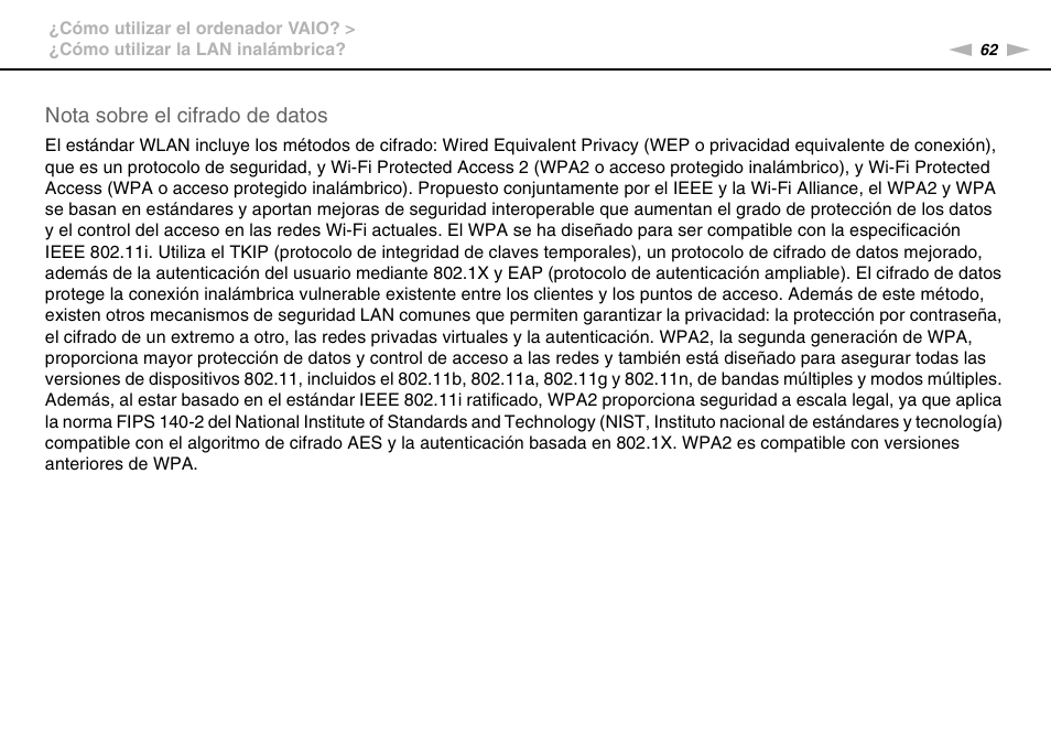 Nota sobre el cifrado de datos | Sony VPCS11G7E User Manual | Page 62 / 196