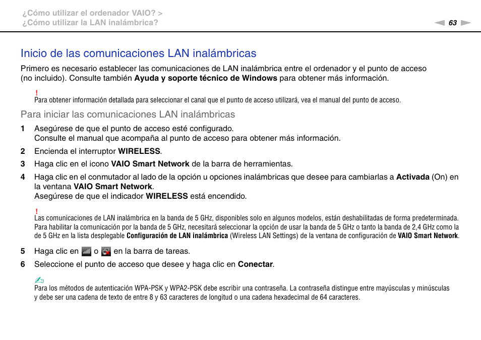 Inicio de las comunicaciones lan inalámbricas, Para iniciar las comunicaciones lan inalámbricas | Sony VPCS11G7E User Manual | Page 63 / 196