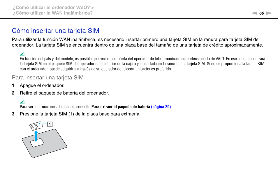 Cómo insertar una tarjeta sim | Sony VPCS11G7E User Manual | Page 66 / 196