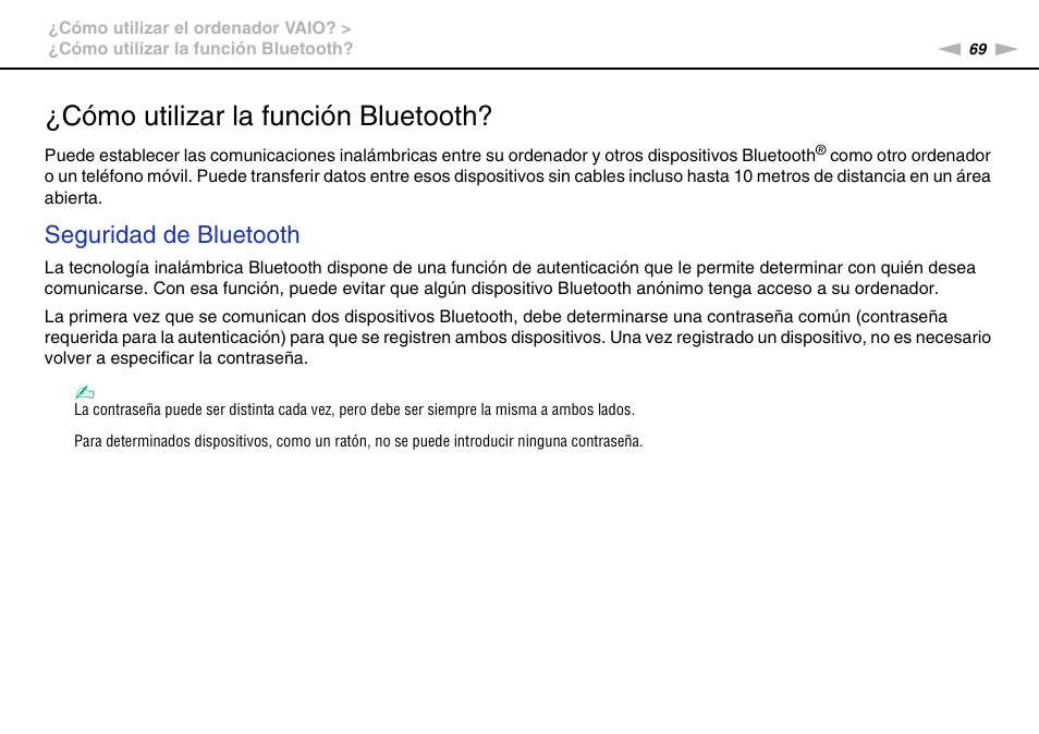 Cómo utilizar la función bluetooth, Seguridad de bluetooth | Sony VPCS11G7E User Manual | Page 69 / 196