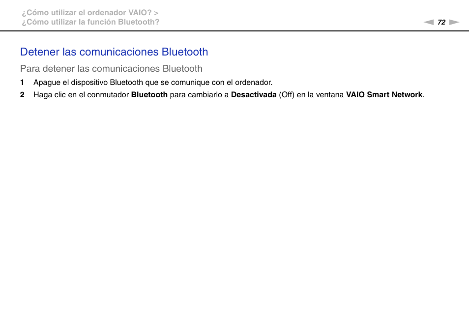 Detener las comunicaciones bluetooth | Sony VPCS11G7E User Manual | Page 72 / 196