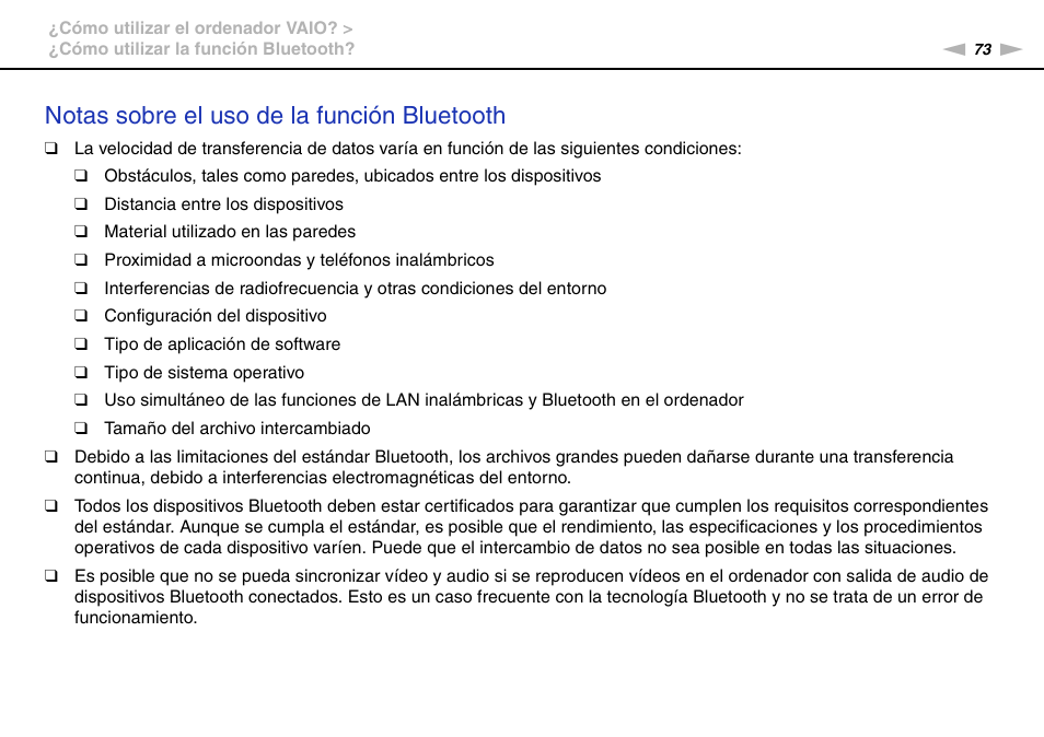 Notas sobre el uso de la función bluetooth | Sony VPCS11G7E User Manual | Page 73 / 196