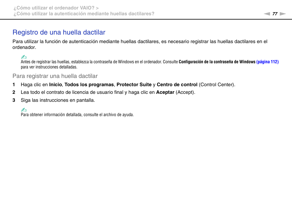 Registro de una huella dactilar | Sony VPCS11G7E User Manual | Page 77 / 196