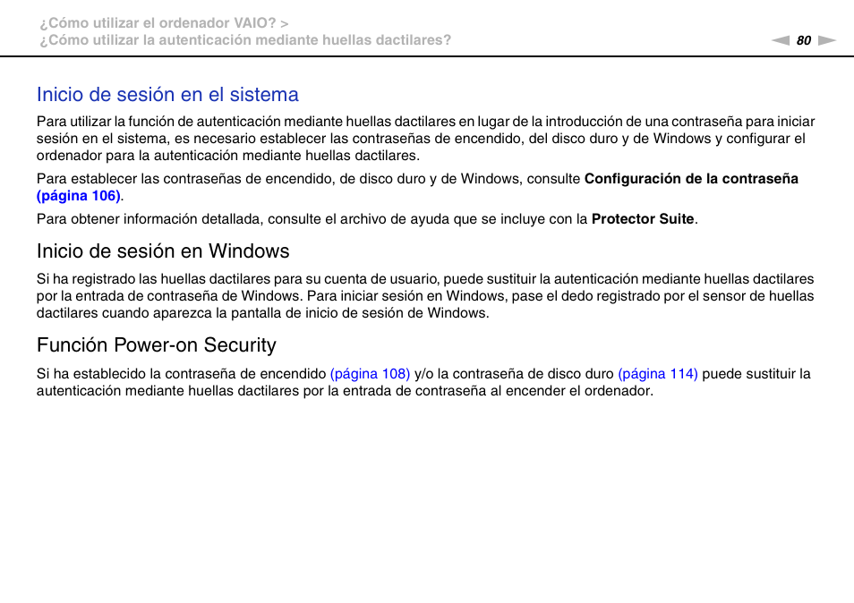 Inicio de sesión en el sistema, Inicio de sesión en windows, Función power-on security | Sony VPCS11G7E User Manual | Page 80 / 196