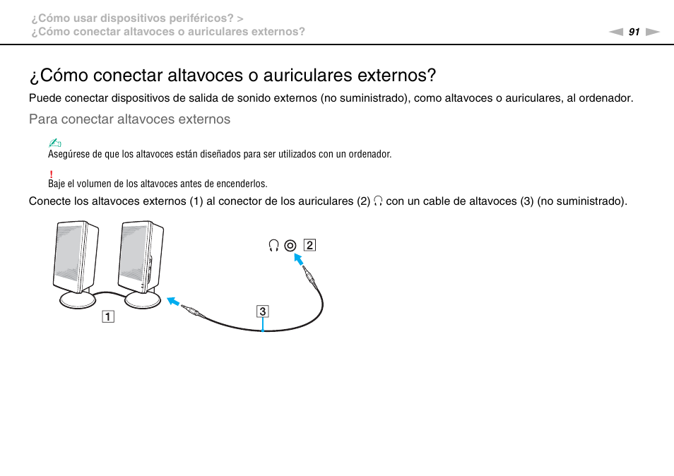 Cómo conectar altavoces o auriculares externos | Sony VPCS11G7E User Manual | Page 91 / 196
