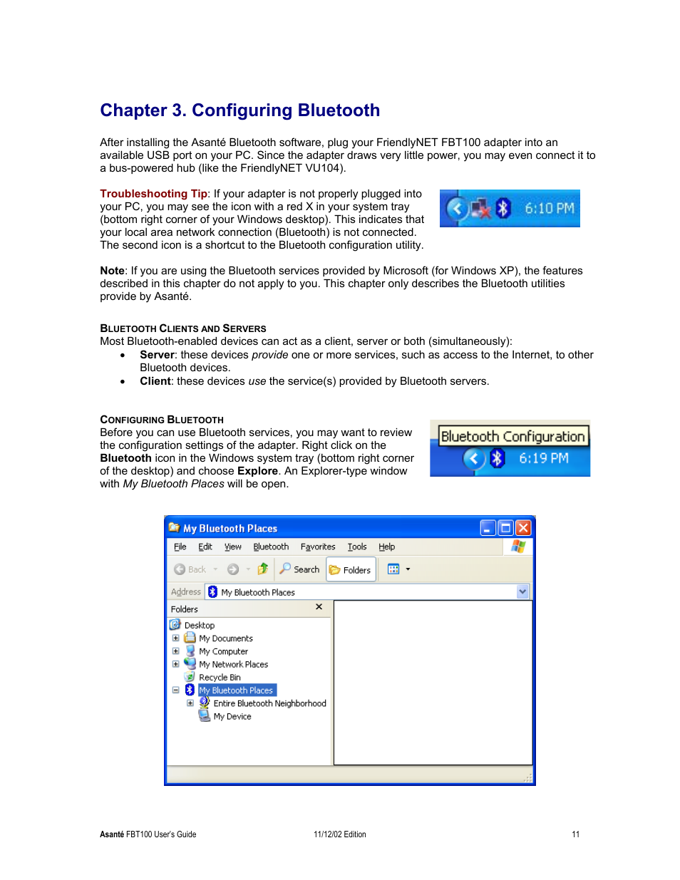 Chapter 3. configuring bluetooth, Bluetooth clients and servers, Configuring bluetooth | Asante Technologies FriendlyNET Wireless USB Adapter User Manual | Page 11 / 44