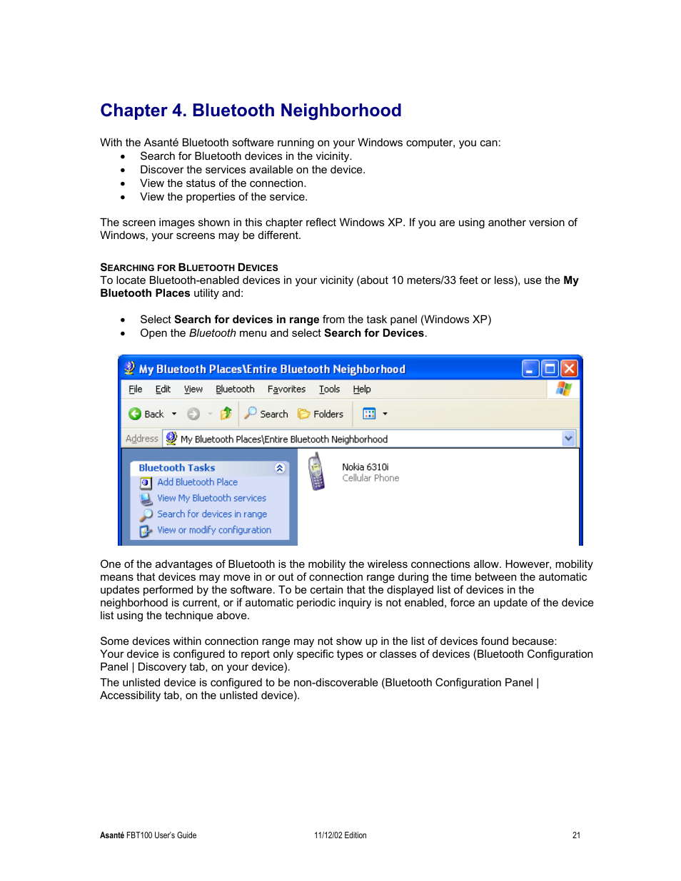 Chapter 4. bluetooth neighborhood, Searching for bluetooth devices | Asante Technologies FriendlyNET Wireless USB Adapter User Manual | Page 21 / 44
