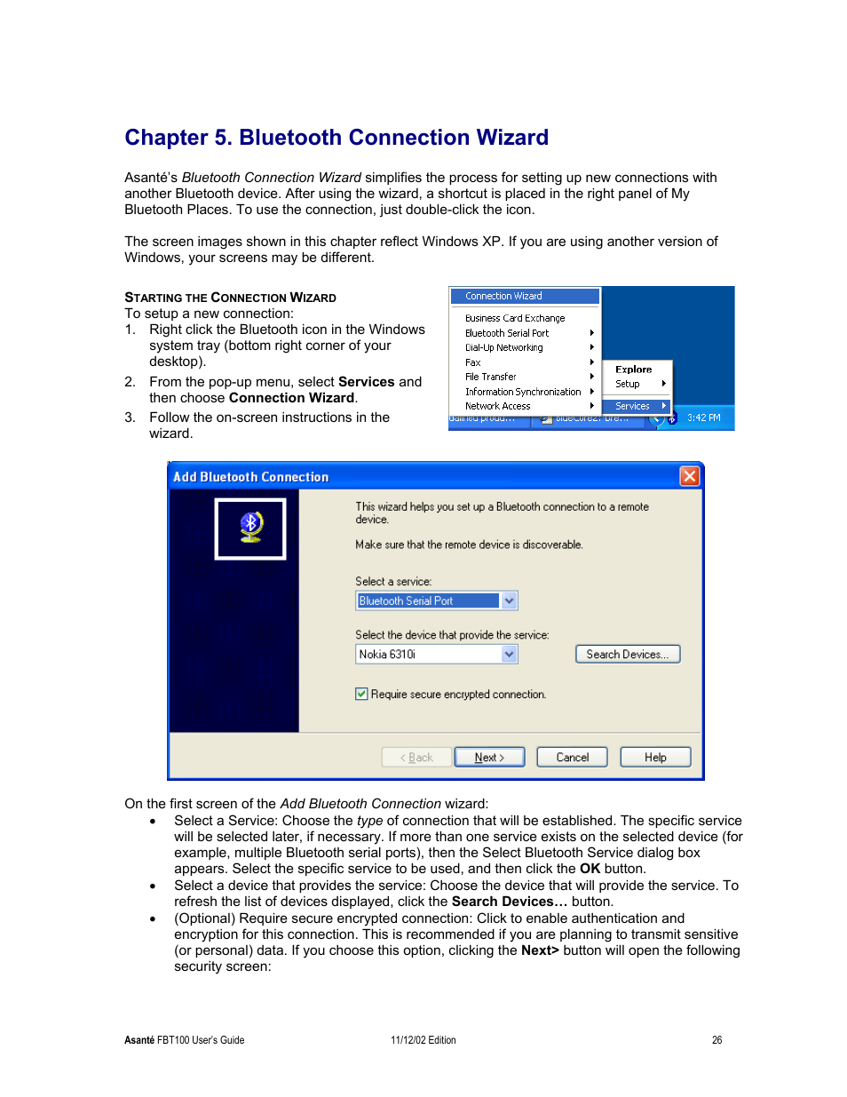 Chapter 5. bluetooth connection wizard, Starting the connection wizard | Asante Technologies FriendlyNET Wireless USB Adapter User Manual | Page 26 / 44
