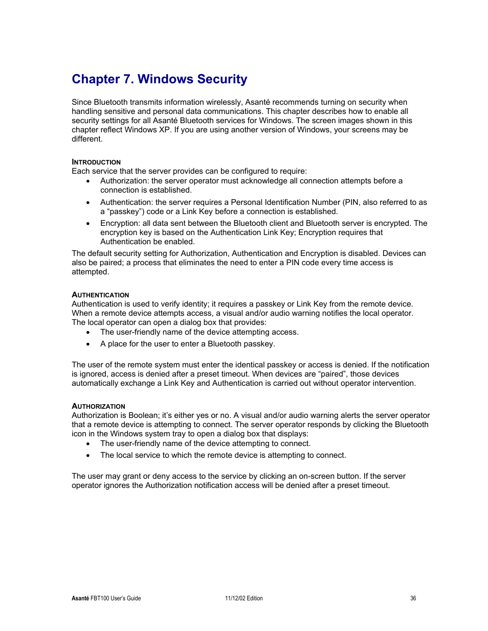 Chapter 7. windows security, Introduction, Authentication | Authorization | Asante Technologies FriendlyNET Wireless USB Adapter User Manual | Page 36 / 44