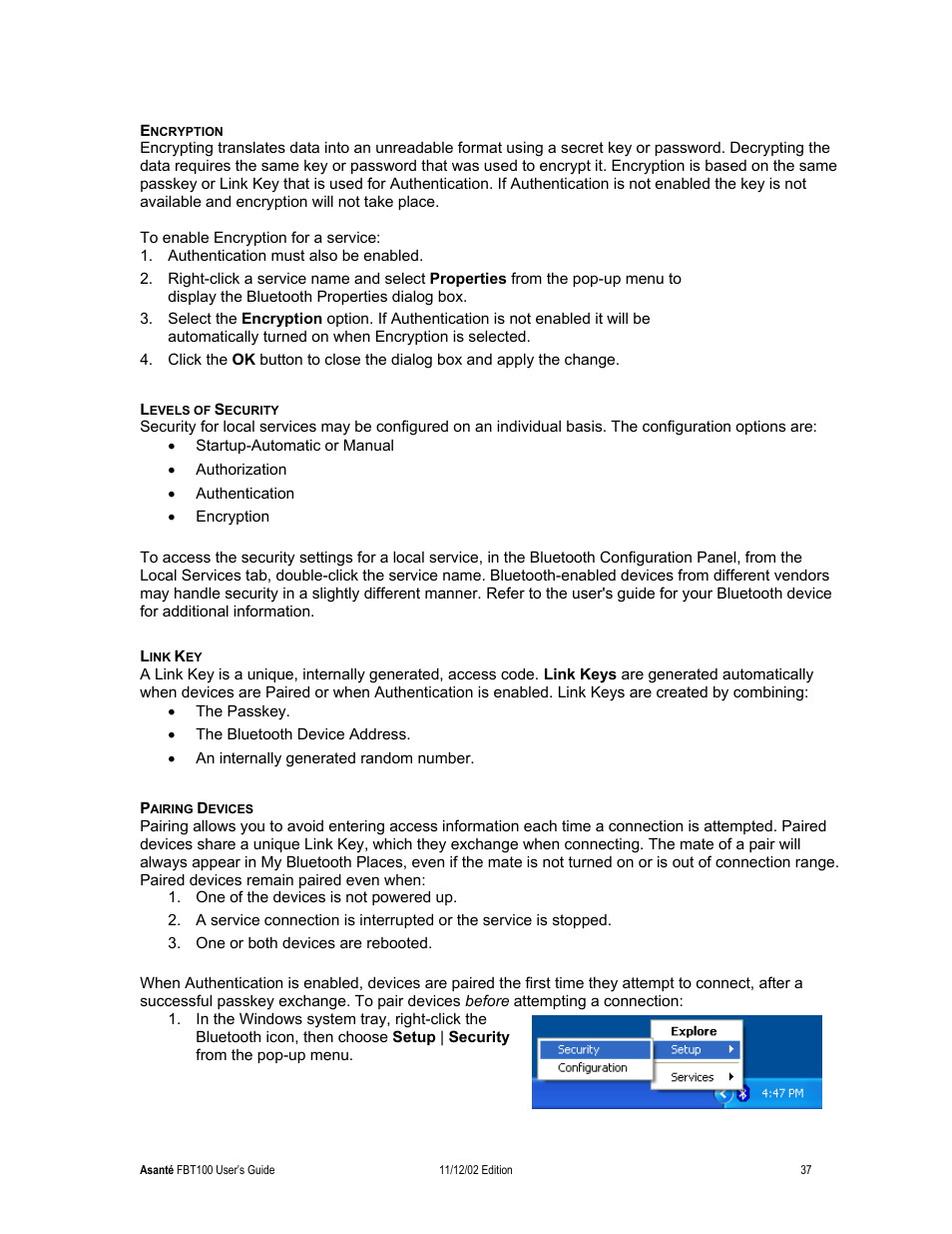 Encryption, Levels of security, Link key | Pairing devices | Asante Technologies FriendlyNET Wireless USB Adapter User Manual | Page 37 / 44
