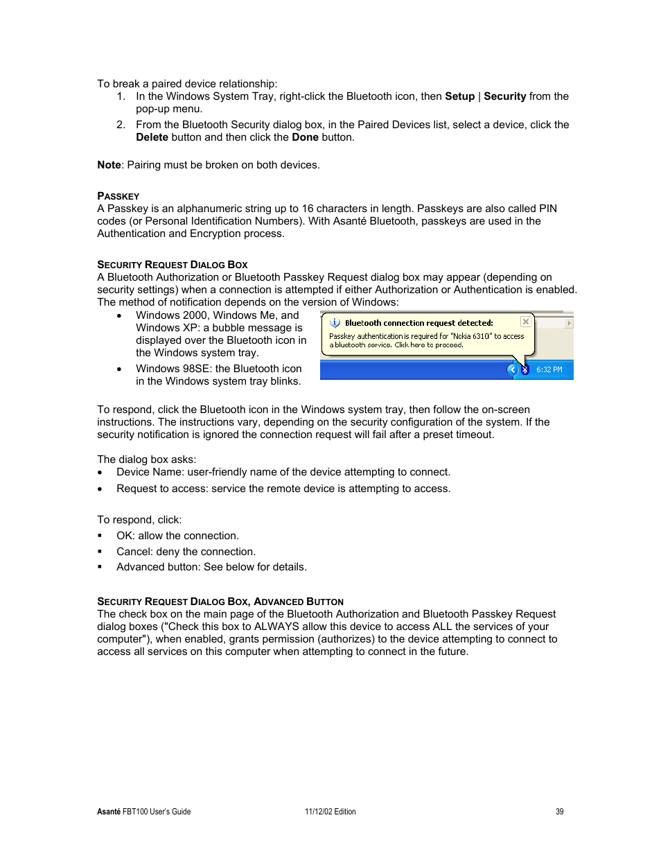 Passkey, Security request dialog box, Security request dialog box, advanced button | Asante Technologies FriendlyNET Wireless USB Adapter User Manual | Page 39 / 44