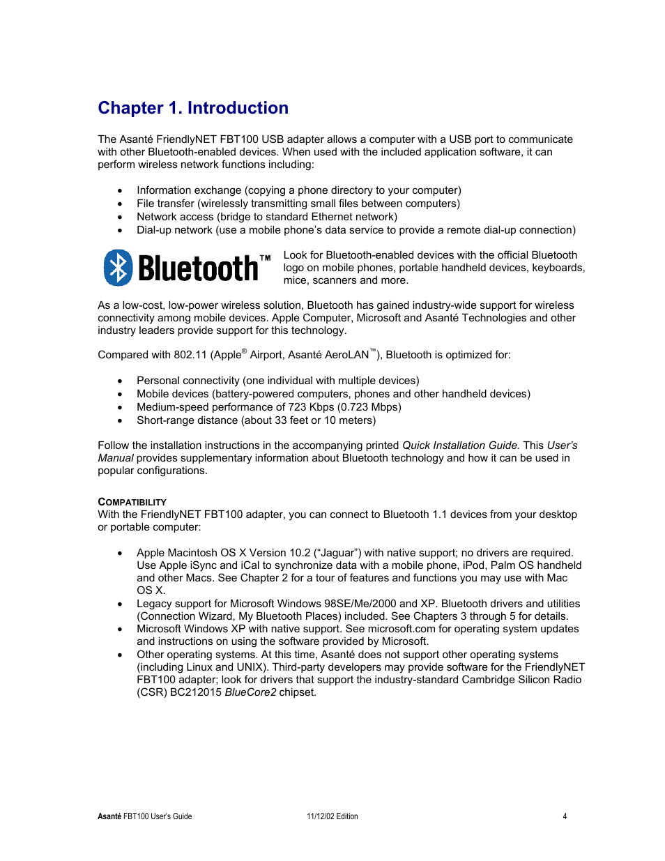 Chapter 1. introduction, Compatibility | Asante Technologies FriendlyNET Wireless USB Adapter User Manual | Page 4 / 44