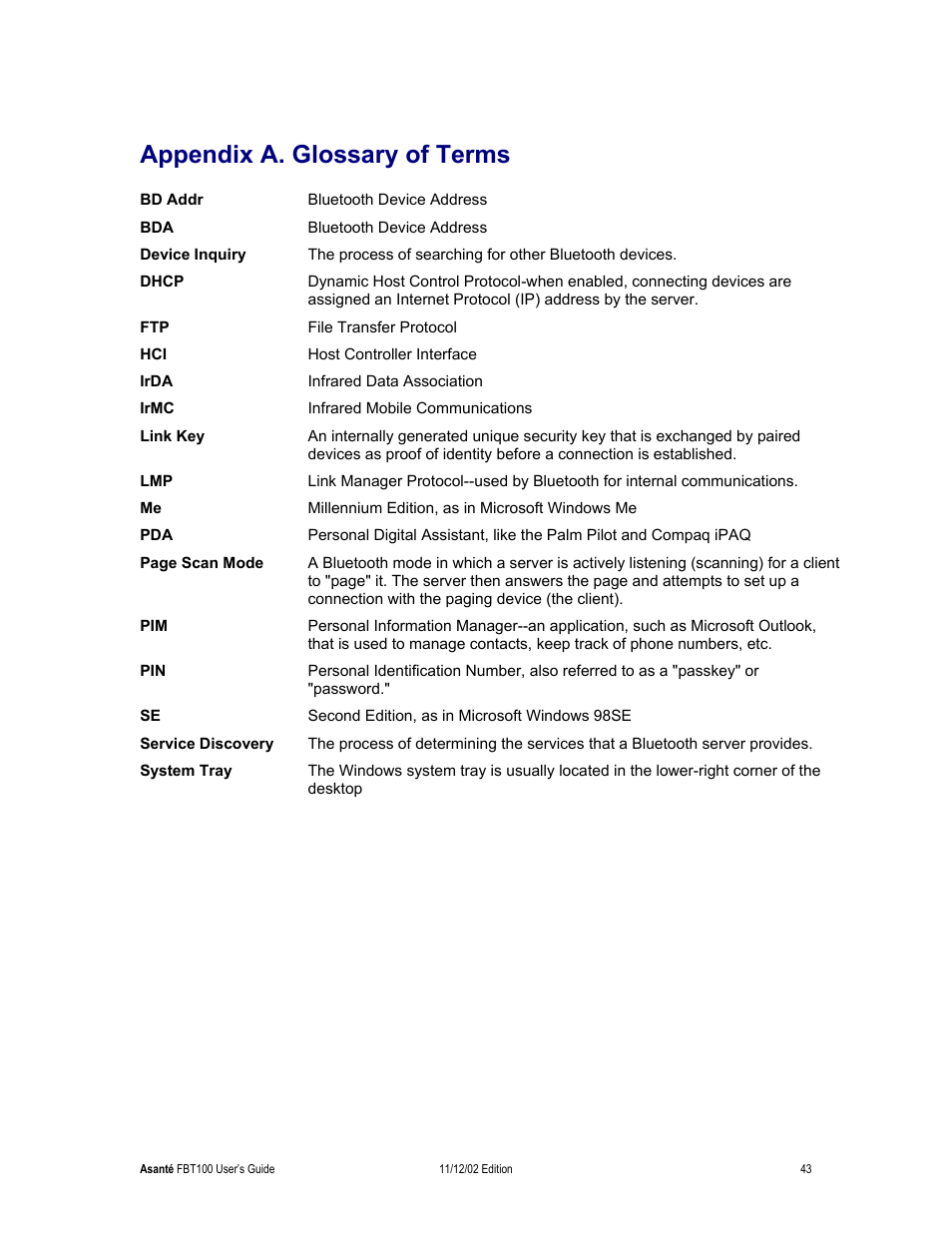 Appendix a. glossary of terms | Asante Technologies FriendlyNET Wireless USB Adapter User Manual | Page 43 / 44