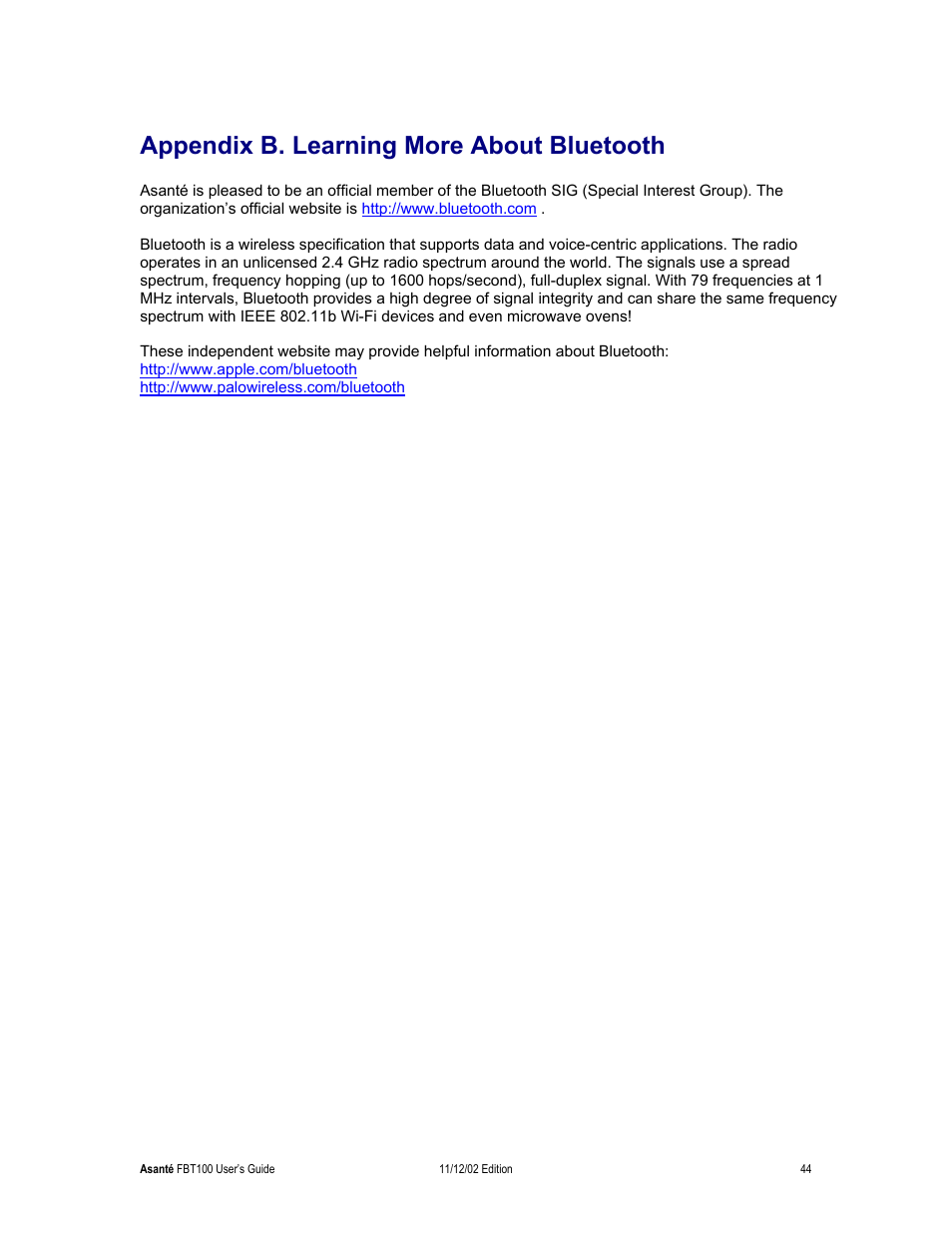 Appendix b. learning more about bluetooth | Asante Technologies FriendlyNET Wireless USB Adapter User Manual | Page 44 / 44
