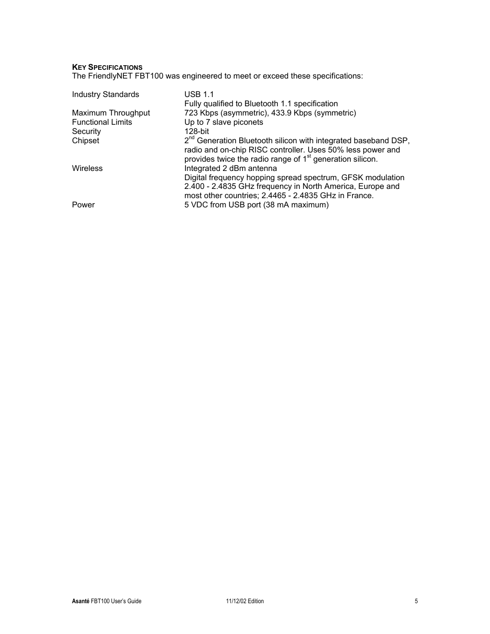 Key specifications | Asante Technologies FriendlyNET Wireless USB Adapter User Manual | Page 5 / 44