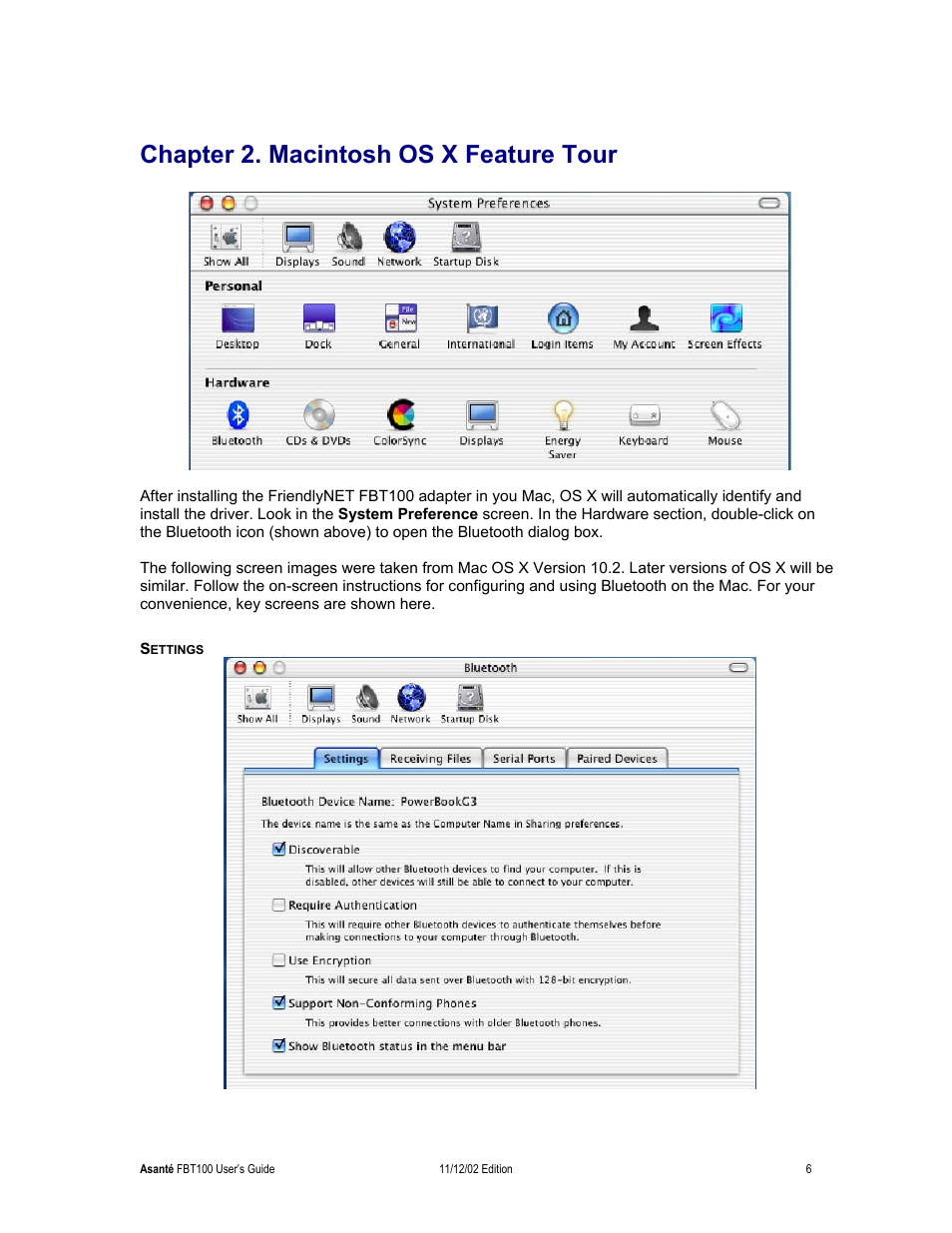 Chapter 2. macintosh os x feature tour, Settings | Asante Technologies FriendlyNET Wireless USB Adapter User Manual | Page 6 / 44