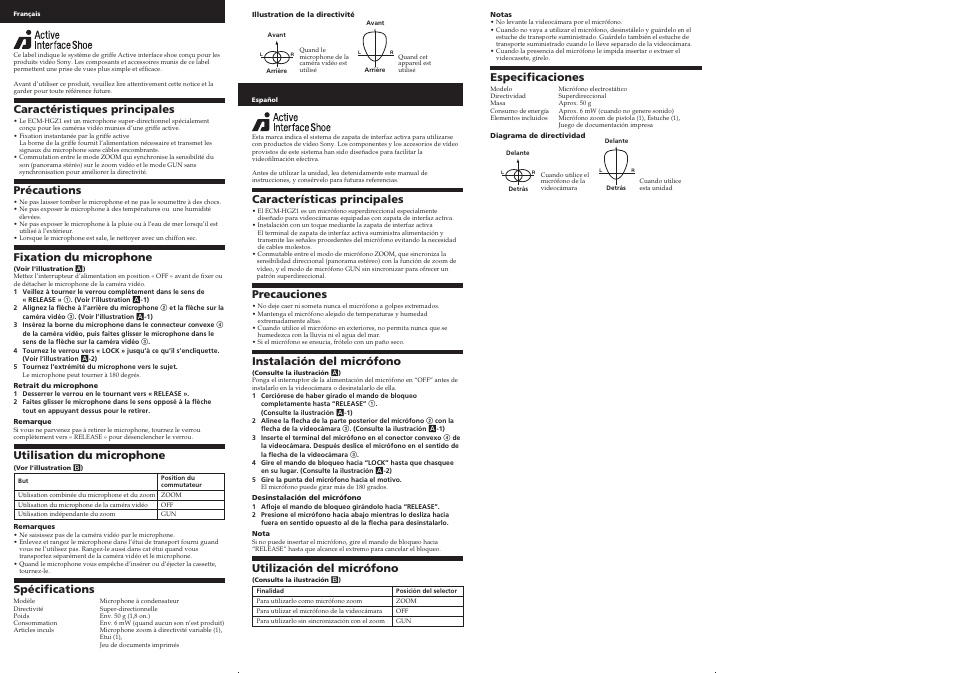 Caractéristiques principales, Précautions, Fixation du microphone | Utilisation du microphone, Spécifications, Características principales, Precauciones, Instalación del micrófono, Utilización del micrófono, Especificaciones | Sony ECM-HGZ1 User Manual | Page 2 / 2