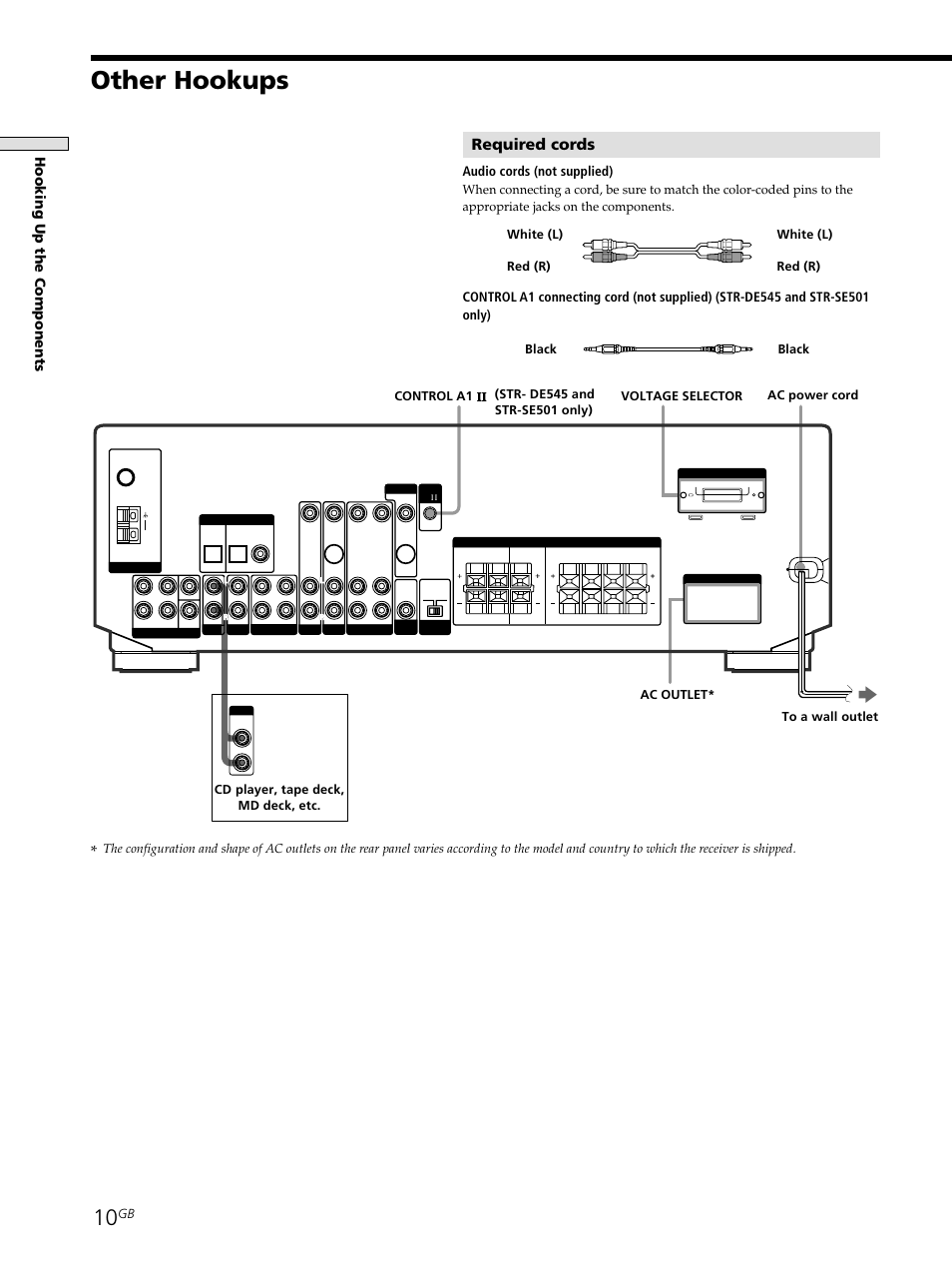 Other hookups 10, Other hookups, Required cords | Hooking up the components, Audio cords (not supplied), Ac power cord, Black, Black to a wall outlet, Control a1 ac outlet* voltage selector | Sony STR-SE501 User Manual | Page 10 / 161