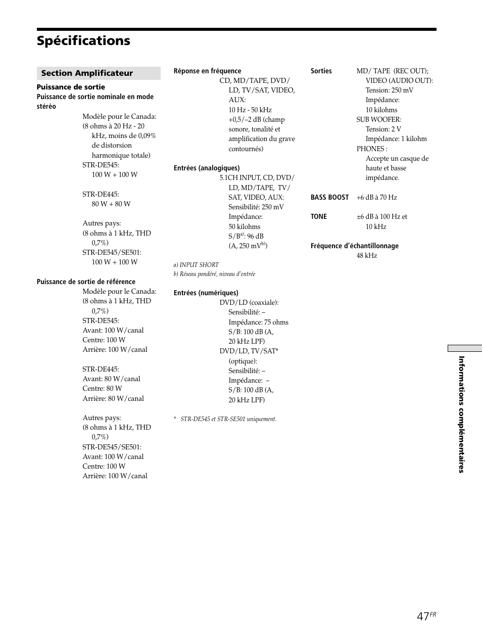 Spécifications 47, Spécifications | Sony STR-SE501 User Manual | Page 100 / 161
