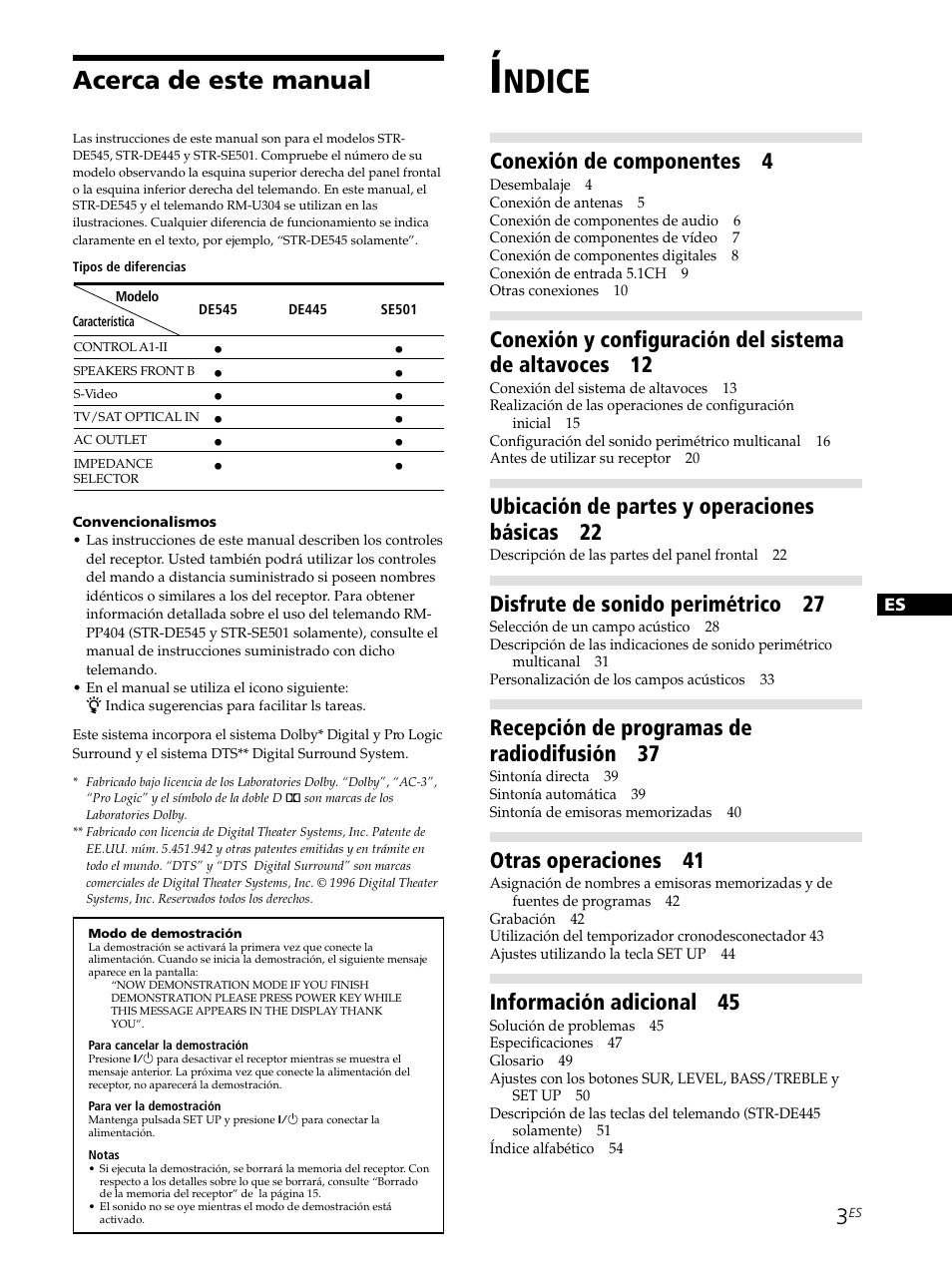 Ndice, Acerca de este manual, Conexión de componentes 4 | Ubicación de partes y operaciones básicas 22, Disfrute de sonido perimétrico 27, Recepción de programas de radiodifusión 37, Otras operaciones 41, Información adicional 45 | Sony STR-SE501 User Manual | Page 109 / 161