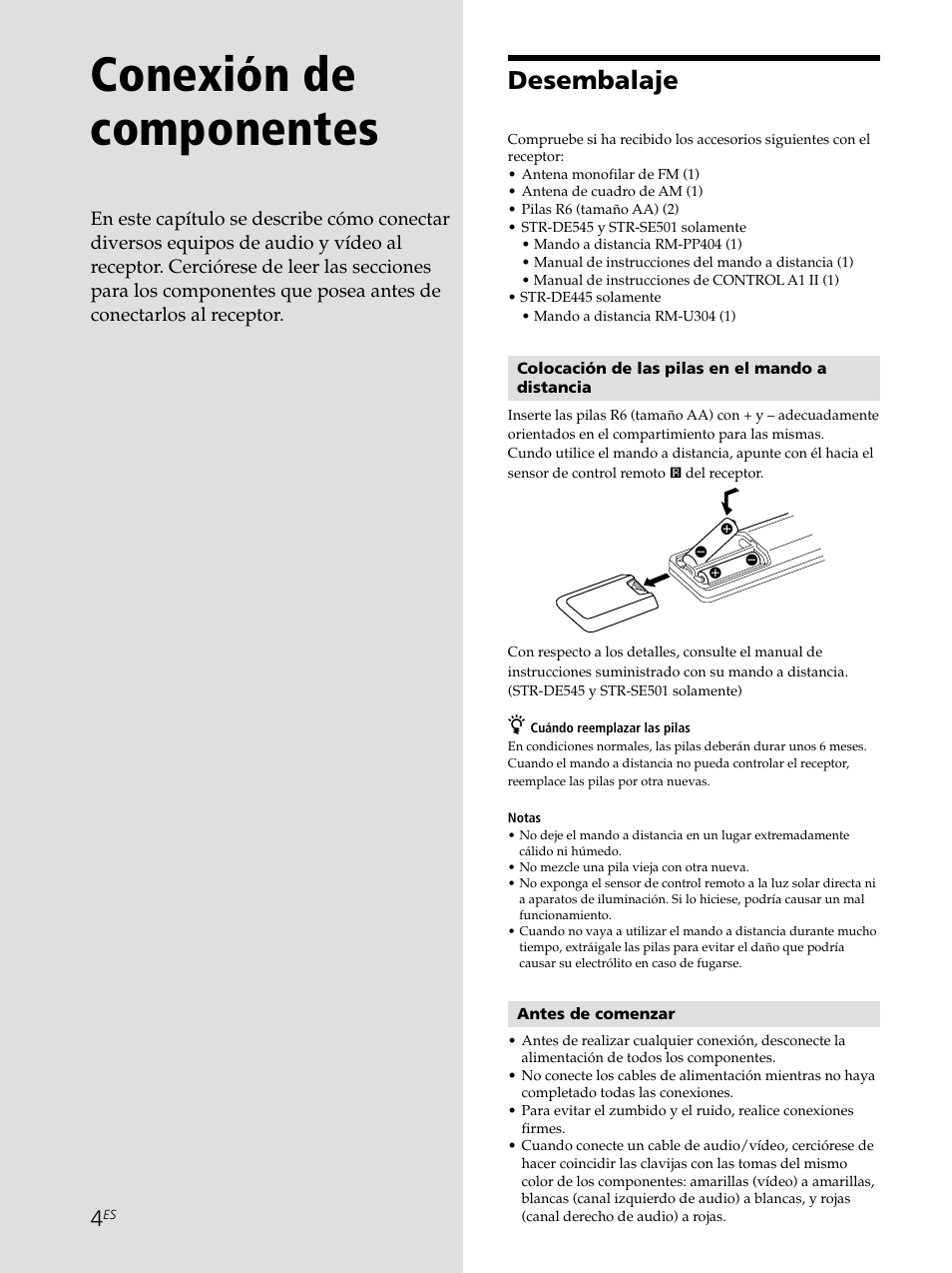 Conexión de componentes 4, Desembalaje 4, Conexión de componentes | Desembalaje | Sony STR-SE501 User Manual | Page 110 / 161