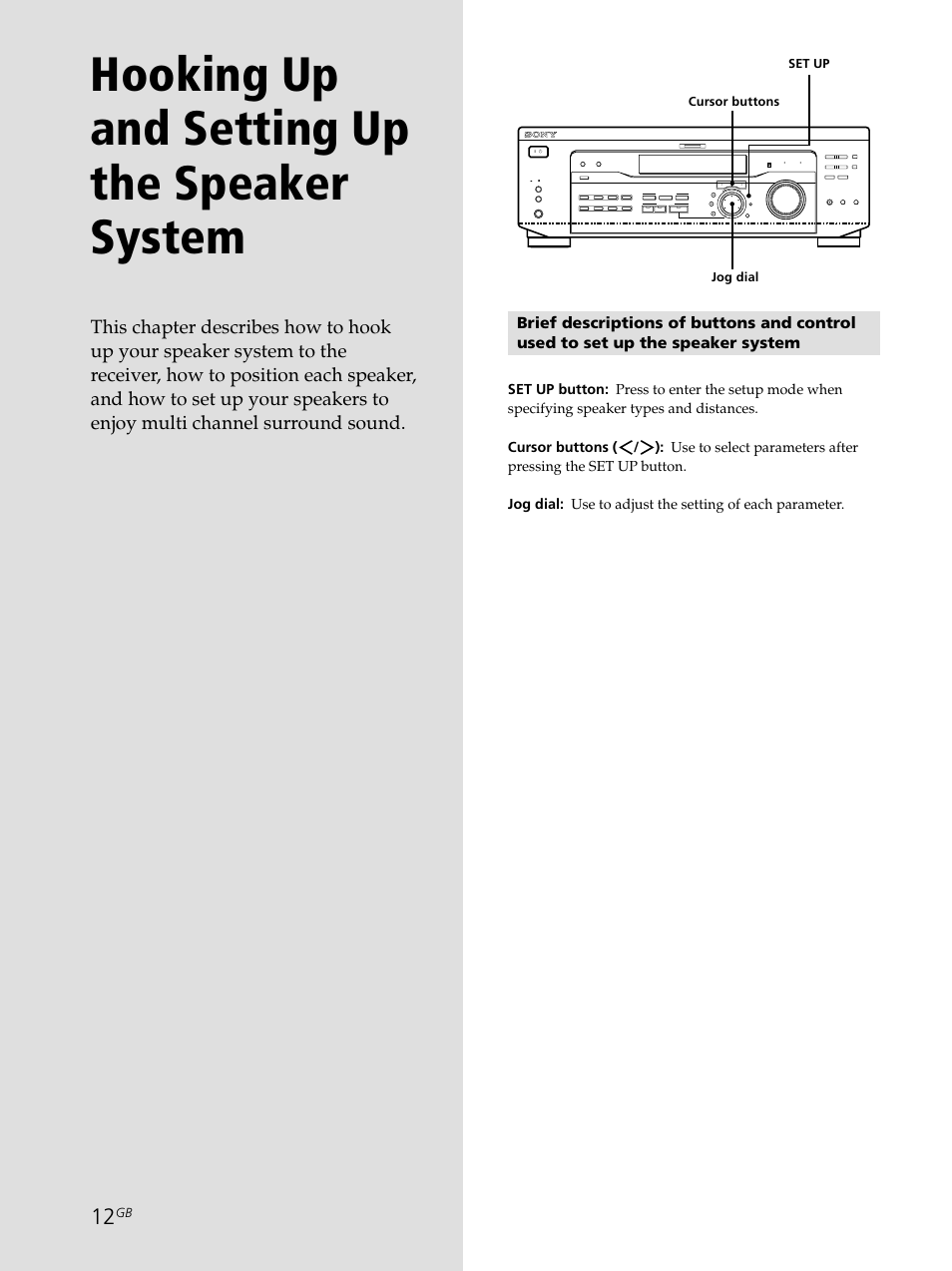 Hooking up and setting up the speaker system, Cursor buttons jog dial, Set up | Sony STR-SE501 User Manual | Page 12 / 161