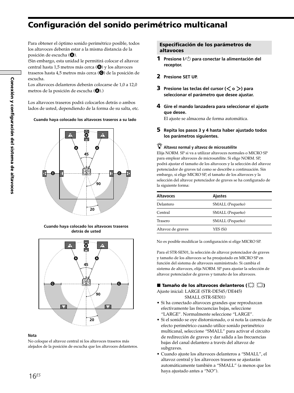 Configuración del sonido perimétrico multicanal 16, Configuración del sonido perimétrico multicanal | Sony STR-SE501 User Manual | Page 122 / 161