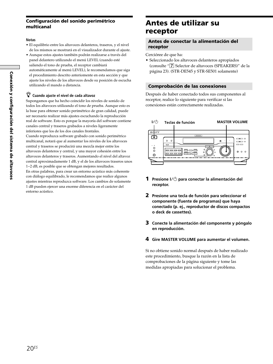 Antes de utilizar su receptor 20, Antes de utilizar su receptor, Antes de conectar la alimentación del receptor | Comprobación de las conexiones, Configuración del sonido perimétrico multicanal, Notas, Cuando ajuste el nivel de cada altavoz, Master volume 1/u | Sony STR-SE501 User Manual | Page 126 / 161