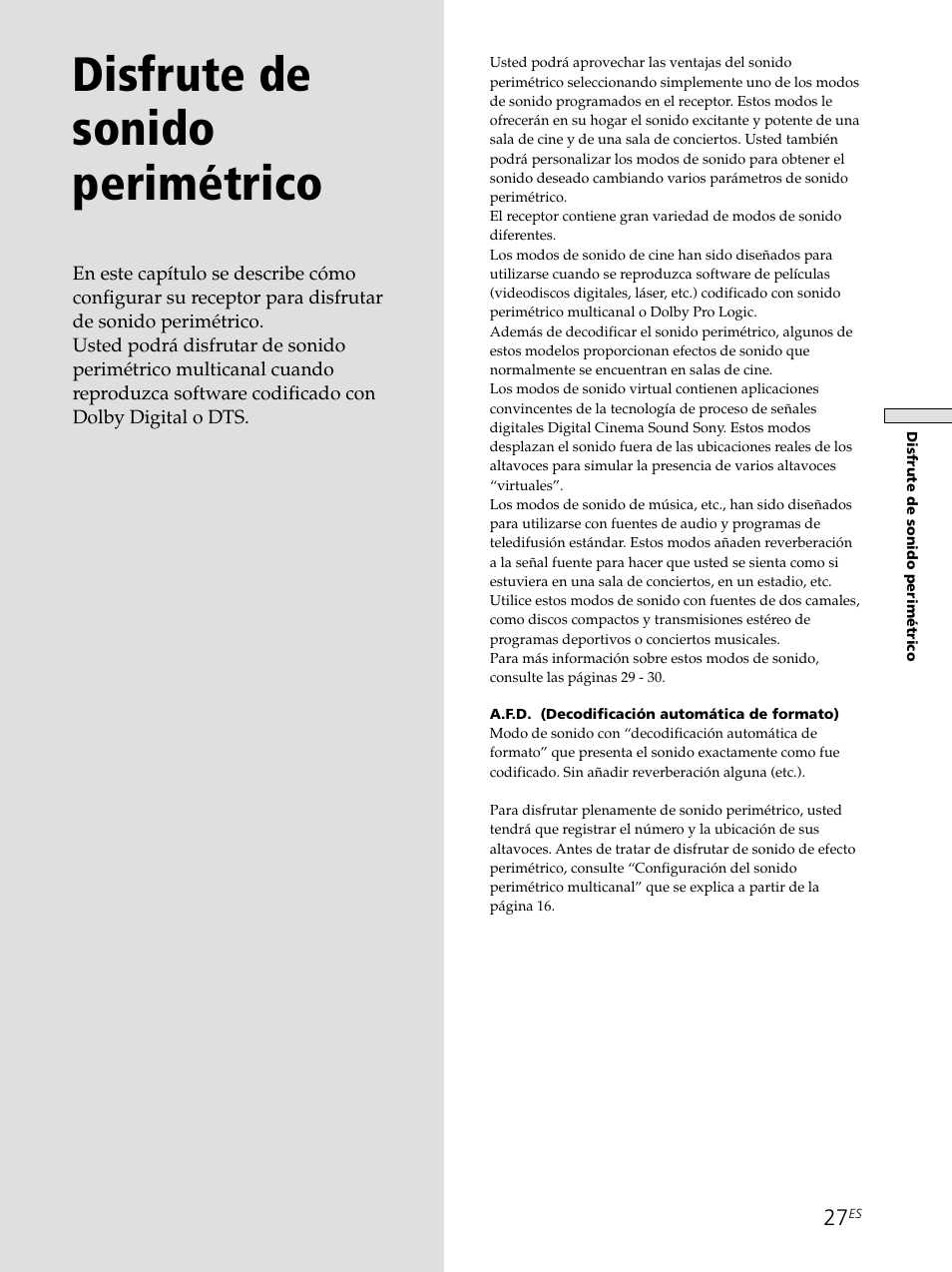 Disfrute de sonido perimétrico 27, Disfrute de sonido perimétrico | Sony STR-SE501 User Manual | Page 133 / 161