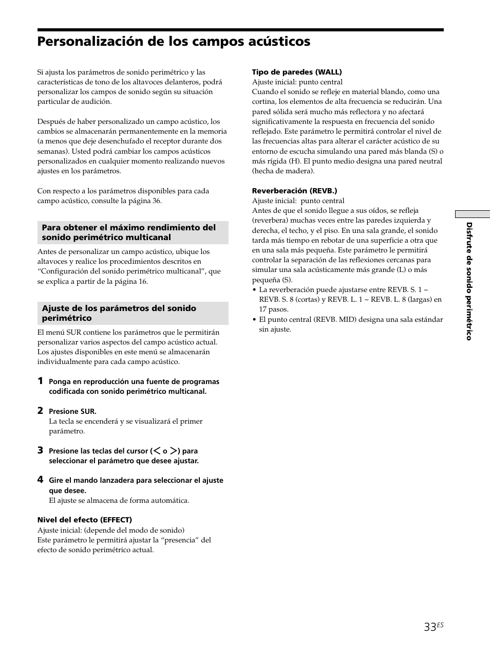 Personalización de los campos acústicos 33, Personalización de los campos acústicos | Sony STR-SE501 User Manual | Page 139 / 161