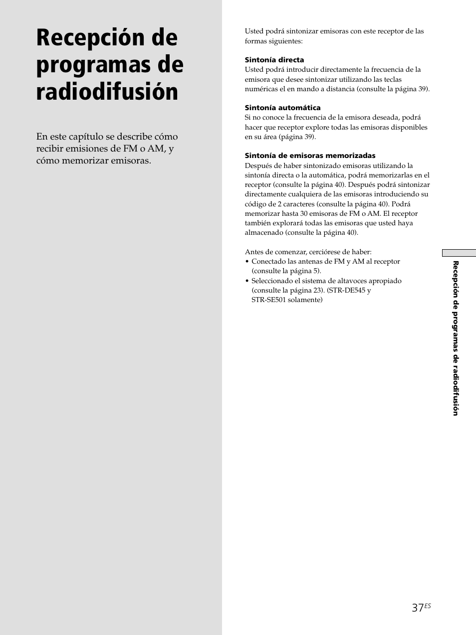 Recepción de programas de radiodifusión 37, Recepción de programas de radiodifusión | Sony STR-SE501 User Manual | Page 143 / 161