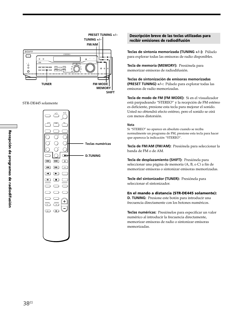 Recepci ó n de pr ogramas de radiodifusi ó n, Str-de445 solamente, Nota | Teclas numéricas, D.tuning | Sony STR-SE501 User Manual | Page 144 / 161