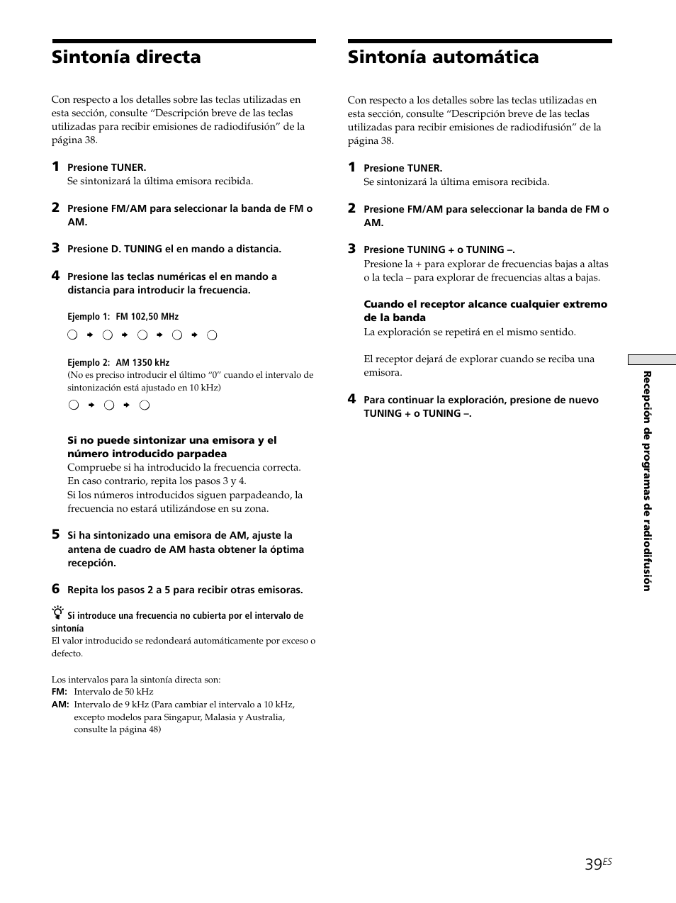 Sintonía directa 39 sintonía automática 39, Sintonía directa, Sintonía automática | Sony STR-SE501 User Manual | Page 145 / 161