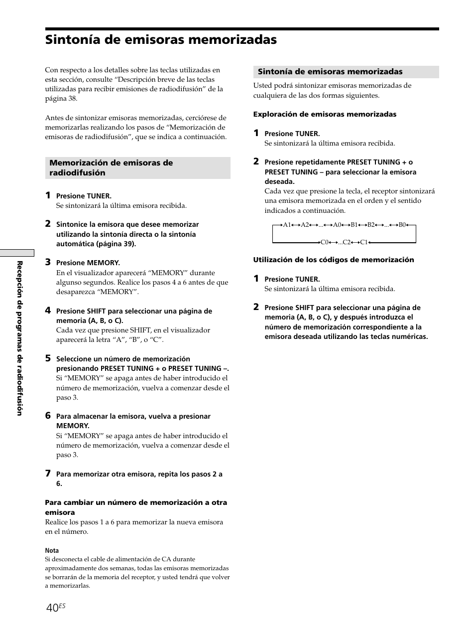 Sintonía de emisoras memorizadas 40 | Sony STR-SE501 User Manual | Page 146 / 161