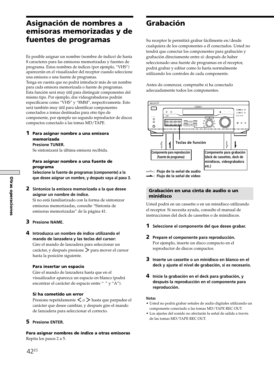 Asignación de nombres a emisoras memorizadas y de, Fuentes de programas 42, Grabación 42 | Grabación, Grabación en una cinta de audio o un minidisco, Seleccione el componente del que desee grabar, Presione name, Notas | Sony STR-SE501 User Manual | Page 148 / 161