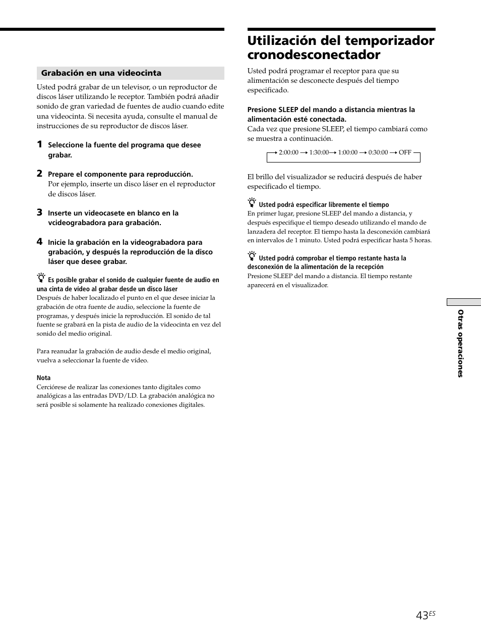 Utilización del temporizador cronodesconectador 43, Utilización del temporizador cronodesconectador | Sony STR-SE501 User Manual | Page 149 / 161