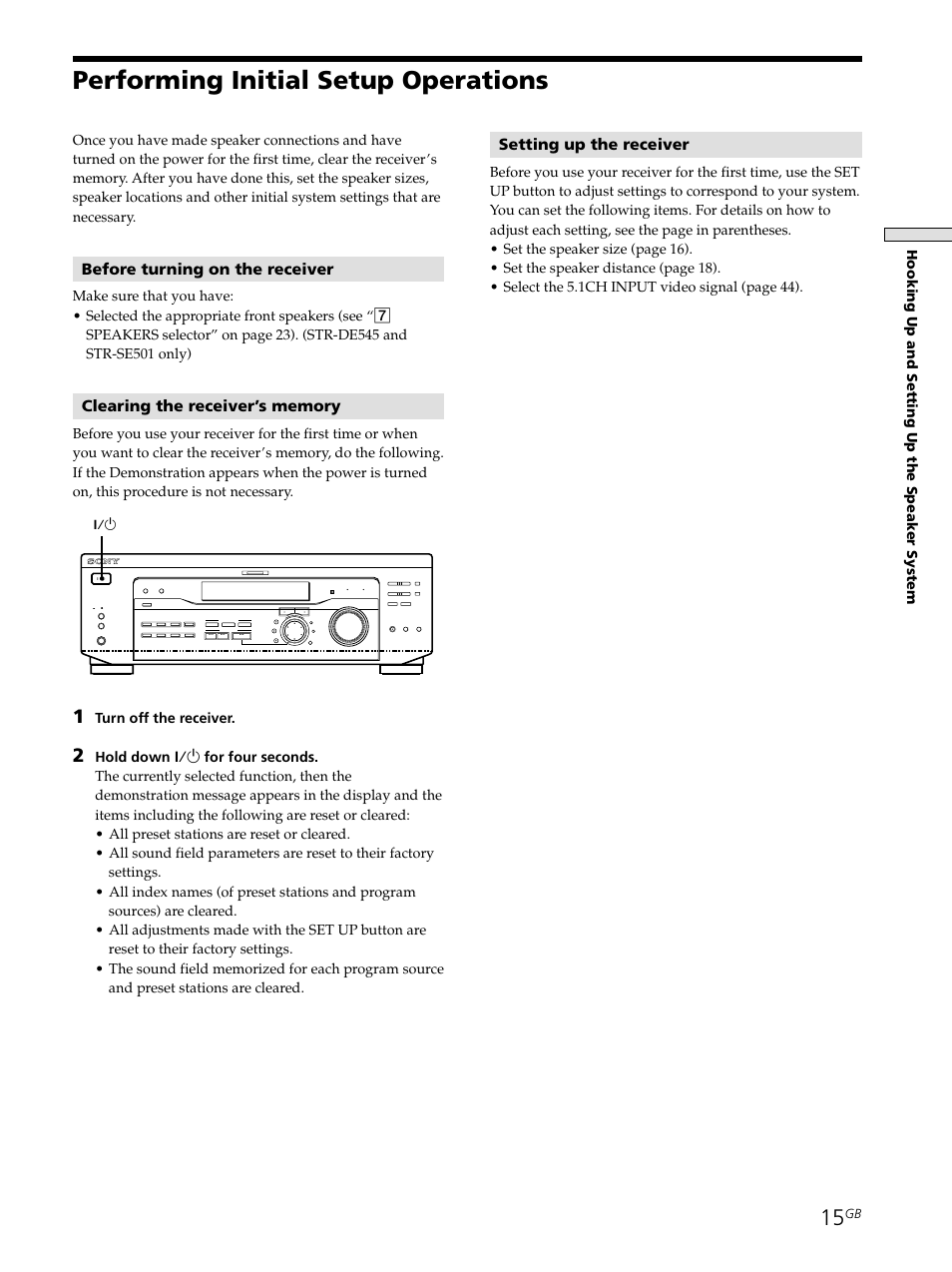 Performing initial setup operations 15, Performing initial setup operations, Before turning on the receiver | Setting up the receiver, Turn off the receiver | Sony STR-SE501 User Manual | Page 15 / 161